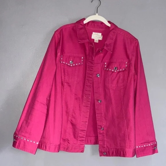 Hot Pink CJ BANKS Rhinestone Trim Waist Length Denim Jacket 1X - Picture 1 of 9